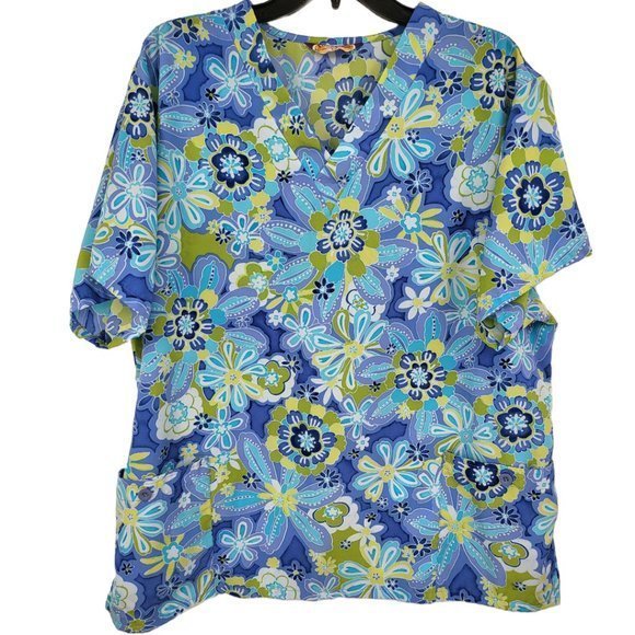 Vintage Scrub Top XL Bright Blue Floral Print Polyester‎ Pockets Silky V Neck - Picture 1 of 4